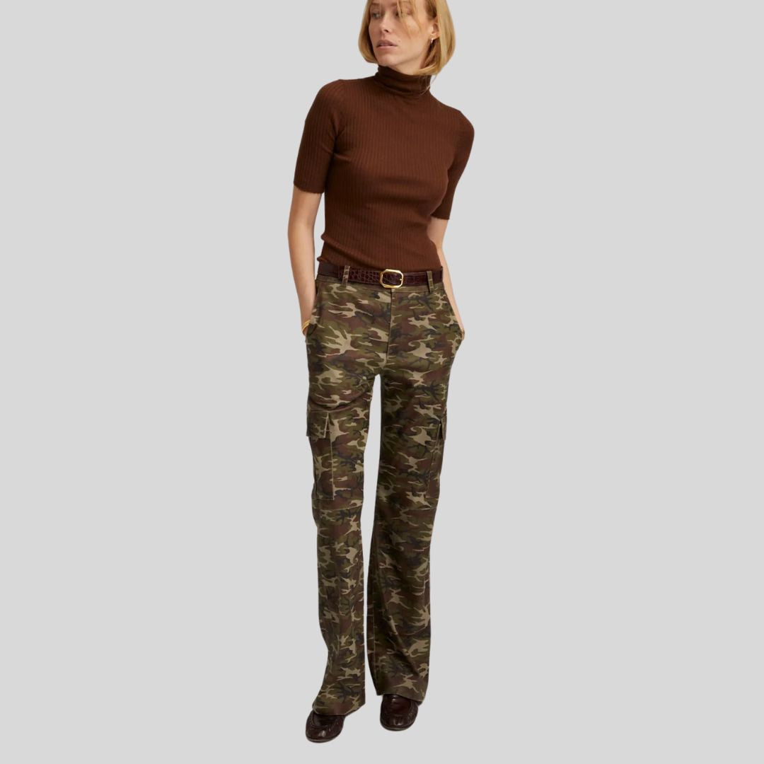 front view of camouflage leather pants for women