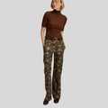 front view of camouflage leather pants for women