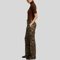 side profile of women's camo leather cargo pants