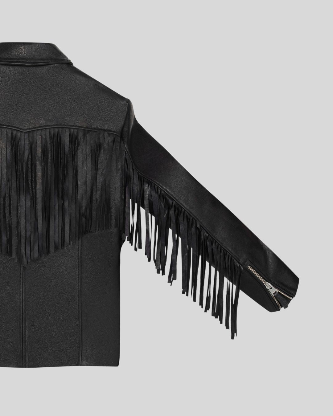 black leather fringe jacket arm and fringe detail – Shadow Rider Jacket