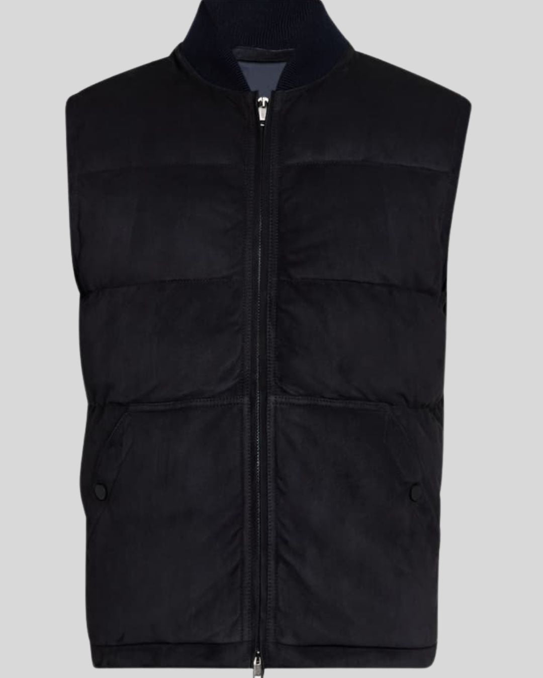 front view of shadowline black suede puffer vest