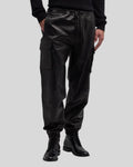 side angle view of black leather cargo pants – Blackout Jet