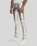side angle of metallic silver leather pants for men