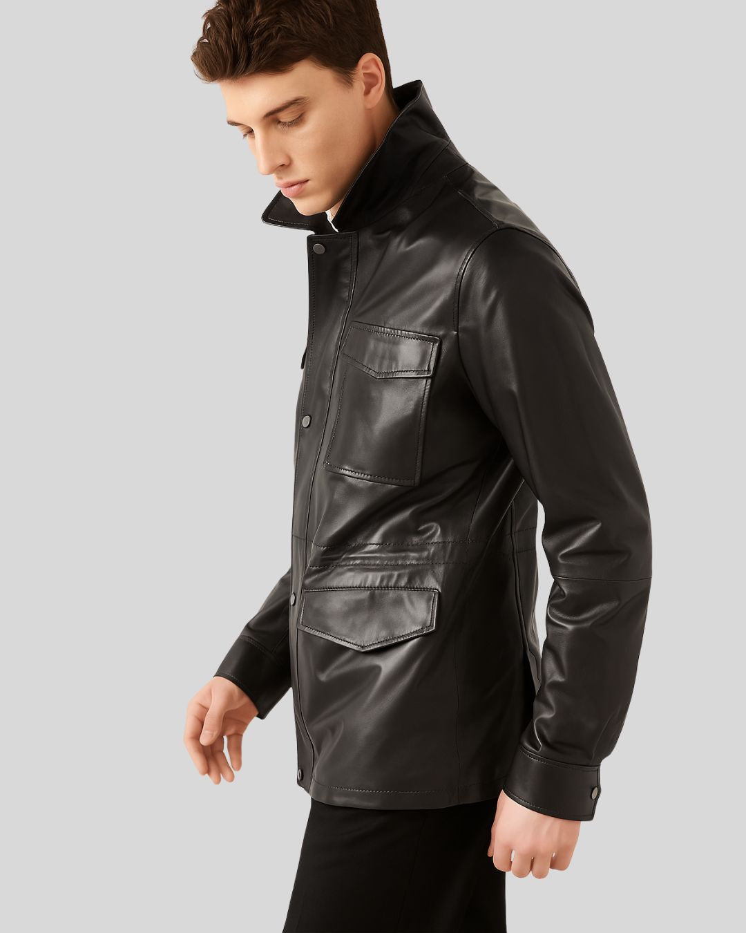 Side view of Imperial Utility Leather Jacket with popped collar