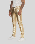 side angle of gold leather pants on man