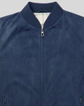 close-up of blue suede texture and bomber collar