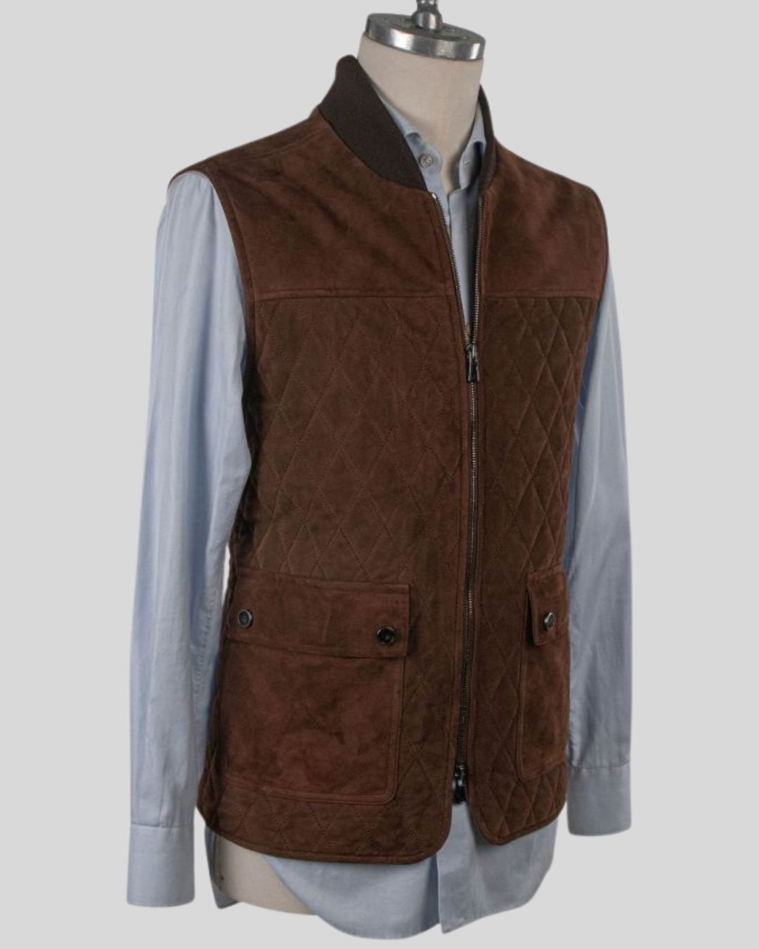 front view of mens quilted suede vest in dark brown sheepskin