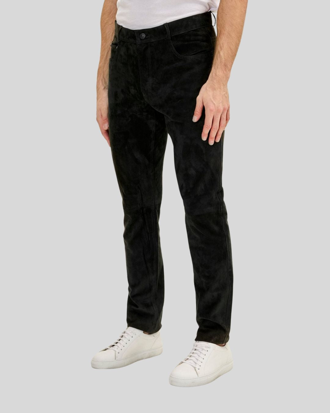 side view of men’s long suede pants in black