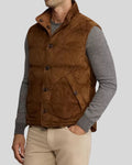 side profile of Saddle Ridge suede puffer vest