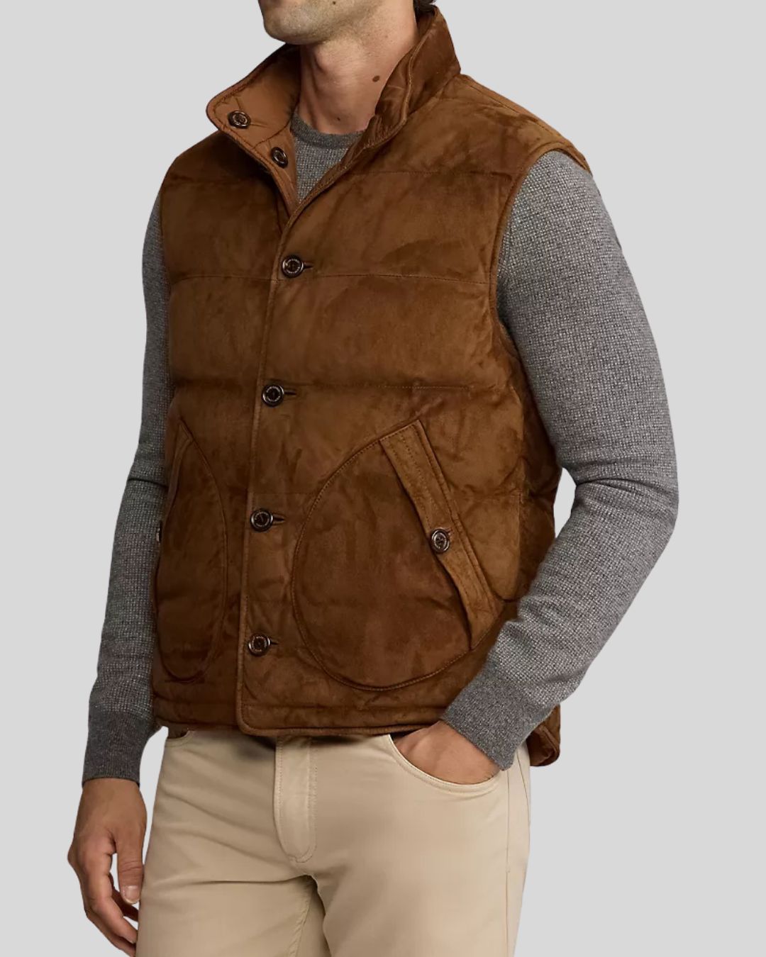 side profile of Saddle Ridge suede puffer vest