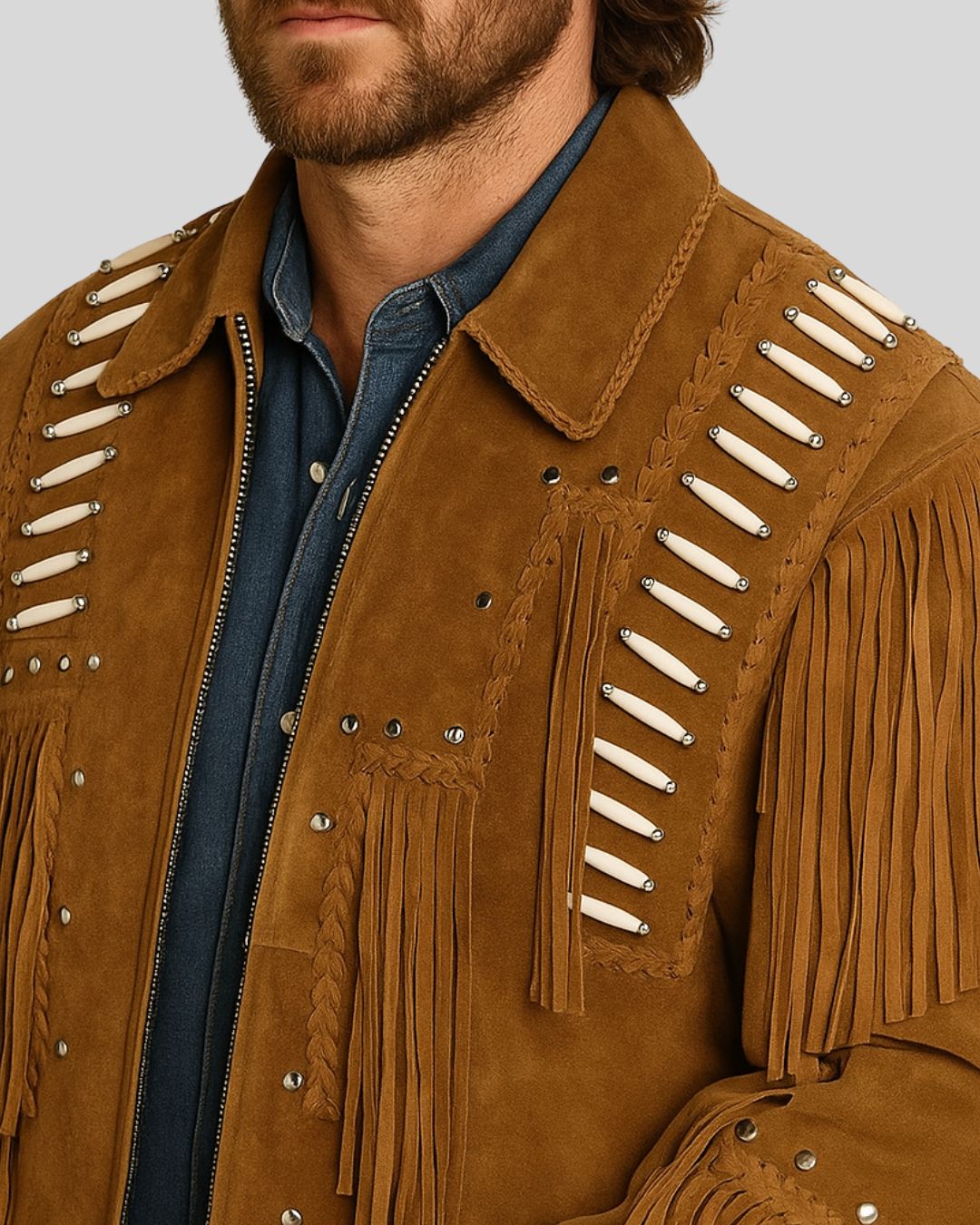 Side angle of man in tan fringe jacket showing beaded shoulder