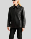 Women’s black lambskin leather jacket side view with zip pockets