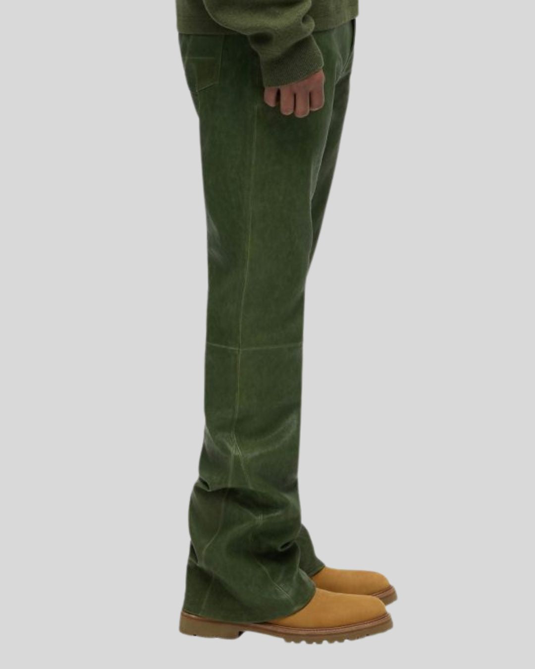 front view of Forest Mirage green leather flare pants