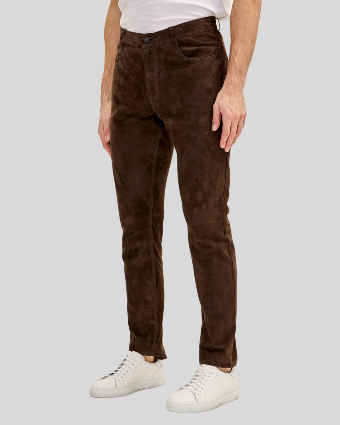 side angle of men's slim brown suede pants