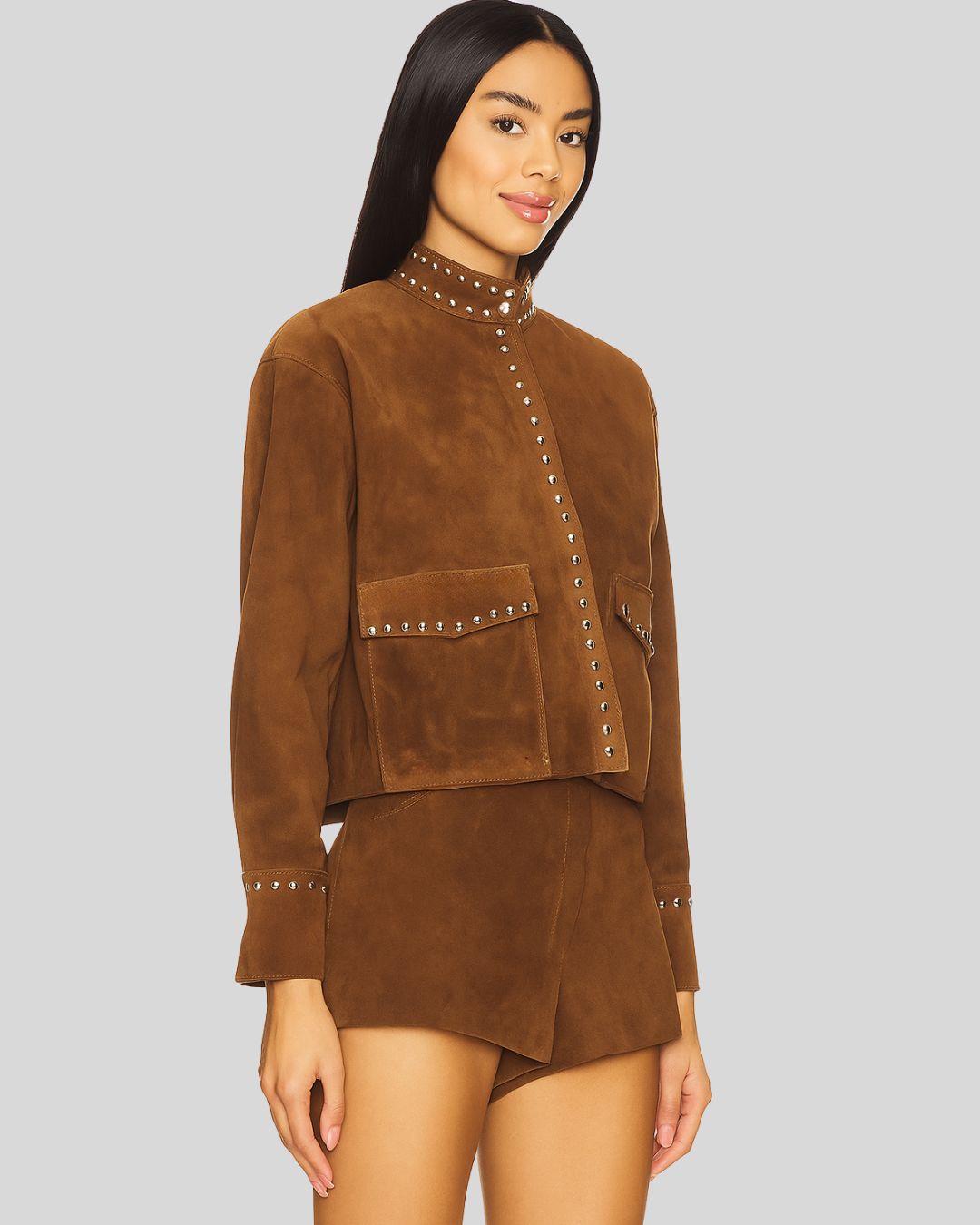 Back view of suede cropped jacket showing plain suede finish