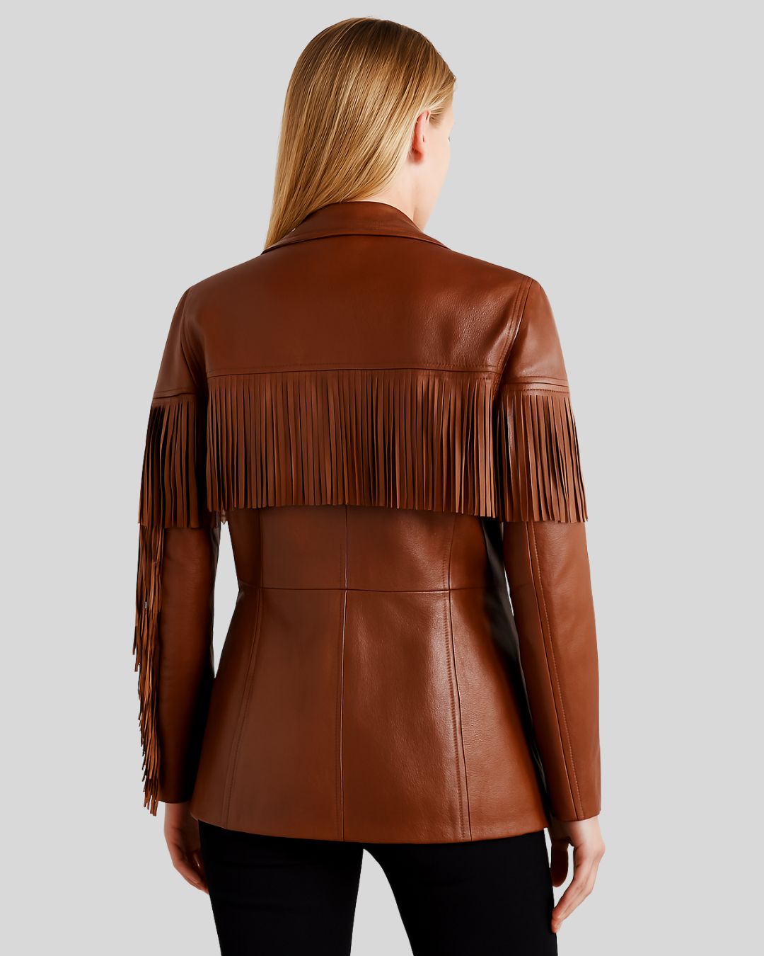 Back view of Sierra brown leather fringe jacket with yoke and shoulder fringe
