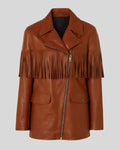  Flat lay of Sierra brown leather fringe jacket with black pants and white top
