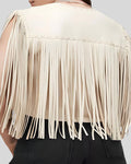  Back view of cream fringe vest with extended leather tassels
