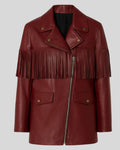  Burgundy leather fringe jacket flat lay on grey background