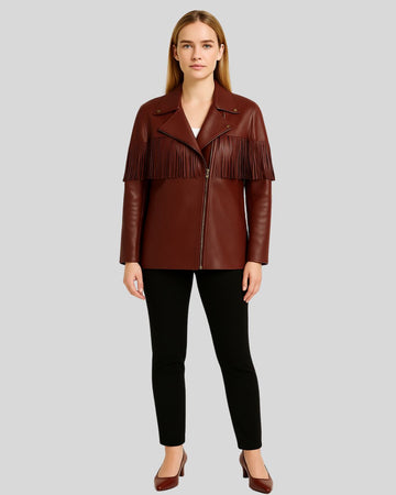  Full outfit shot of burgundy leather fringe jacket on woman
