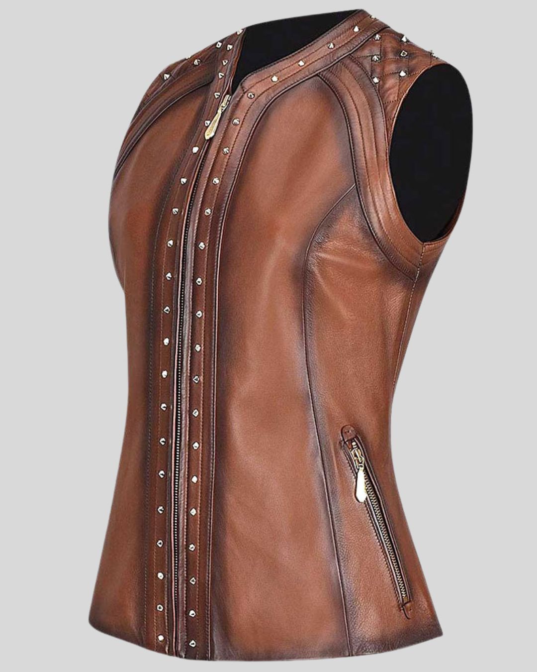 Front view of Sierra Edge brown studded leather vest for women
