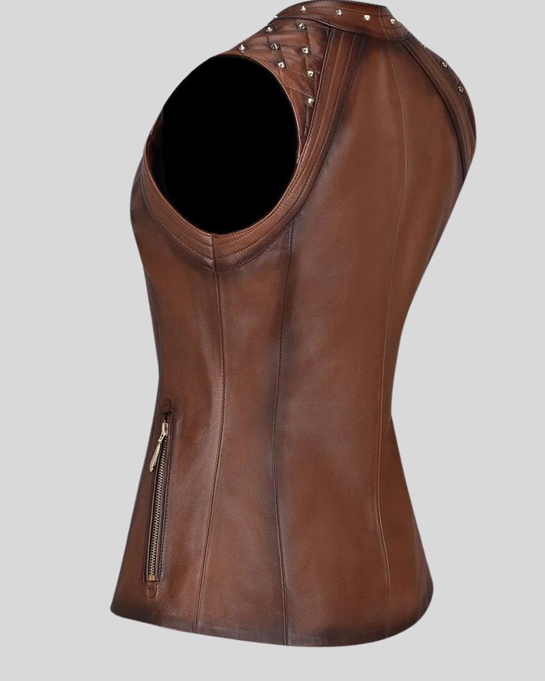 Back and side view of Sierra Edge brown leather vest with zipper pockets
