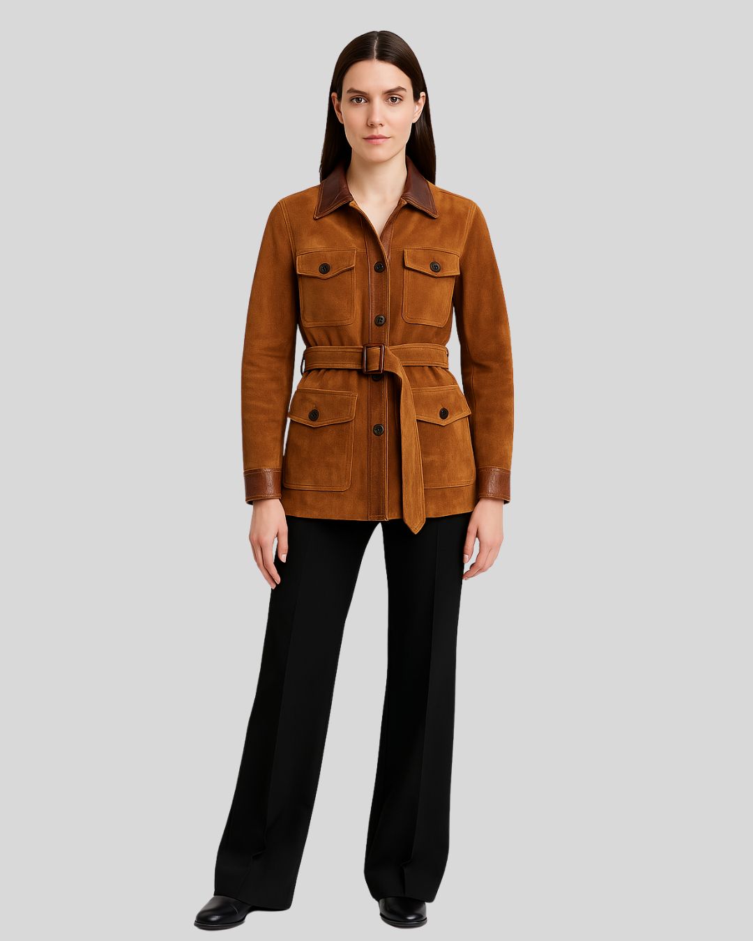  Full Front View of Sierra Trail utility-style suede jacket with leather belt
