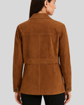 Back view of Sierra Trail utility-style suede jacket with leather belt
