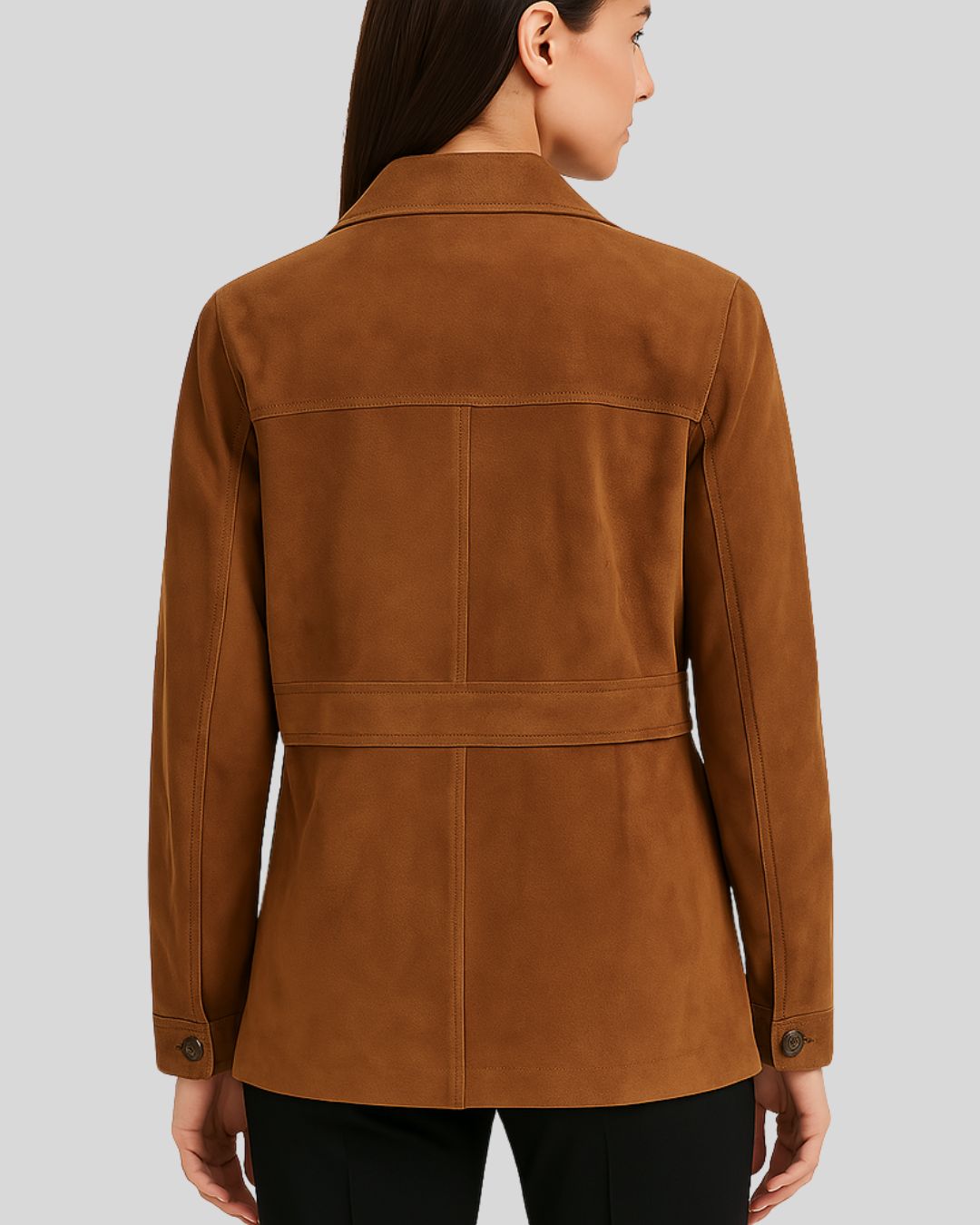 Back view of Sierra Trail utility-style suede jacket with leather belt
