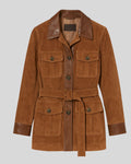 Front view of Sierra Trail women's utility suede jacket with belt
