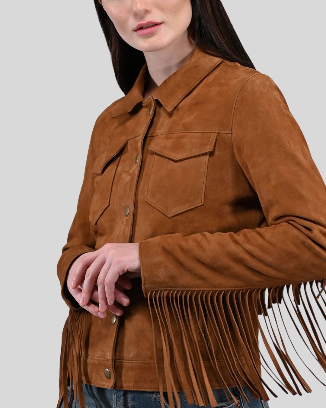  Tan suede fringe jacket with snap buttons and front pockets
