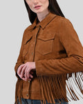 Side View Of Tan suede fringe jacket