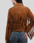  Back view of tan suede fringe jacket with Western yoke
