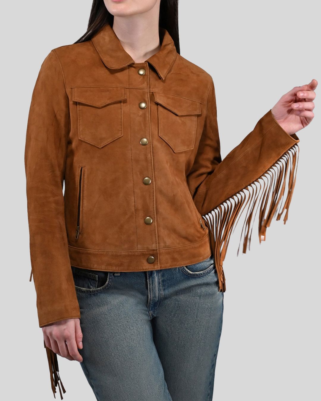  Tan suede fringe jacket with snap buttons and front pockets
