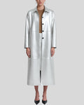 Silver lambskin trench coat for women with open button closure