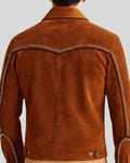 Side angle of men’s suede jacket sleeve with studded trim