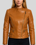 Tan leather biker jacket for women with asymmetric zip and quilted shoulders – front view