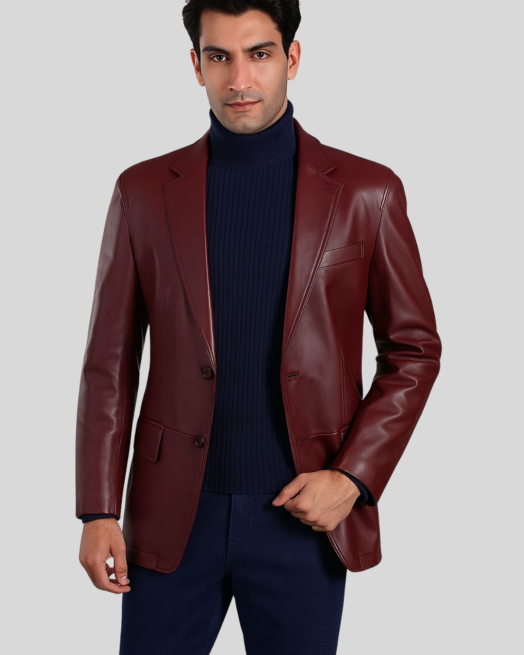 Men's burgundy leather blazer front view with turtleneck