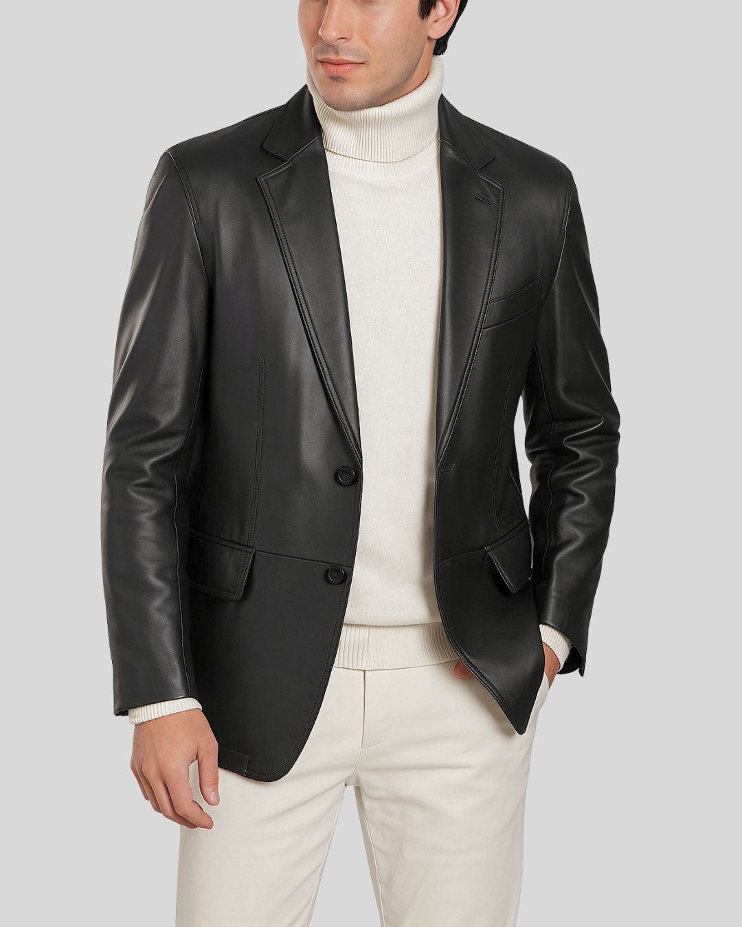 NoirPrime Black Leather Tuxedo Blazer for Men
