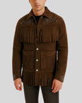 Front view of studded fringe suede jacket for men