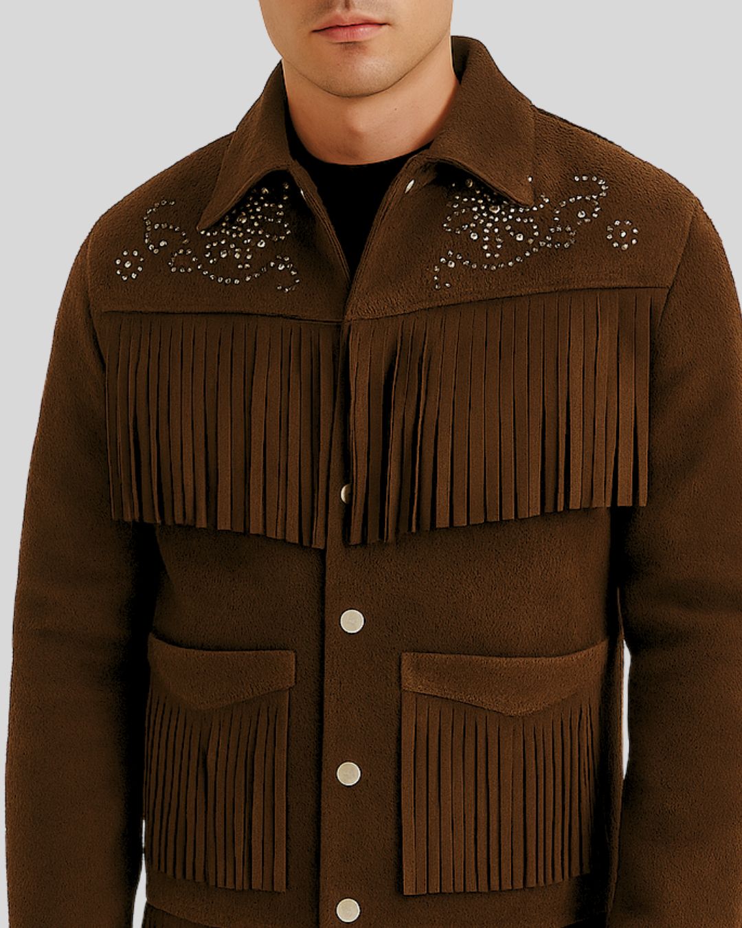 Close-up of suede fringe and studs on front