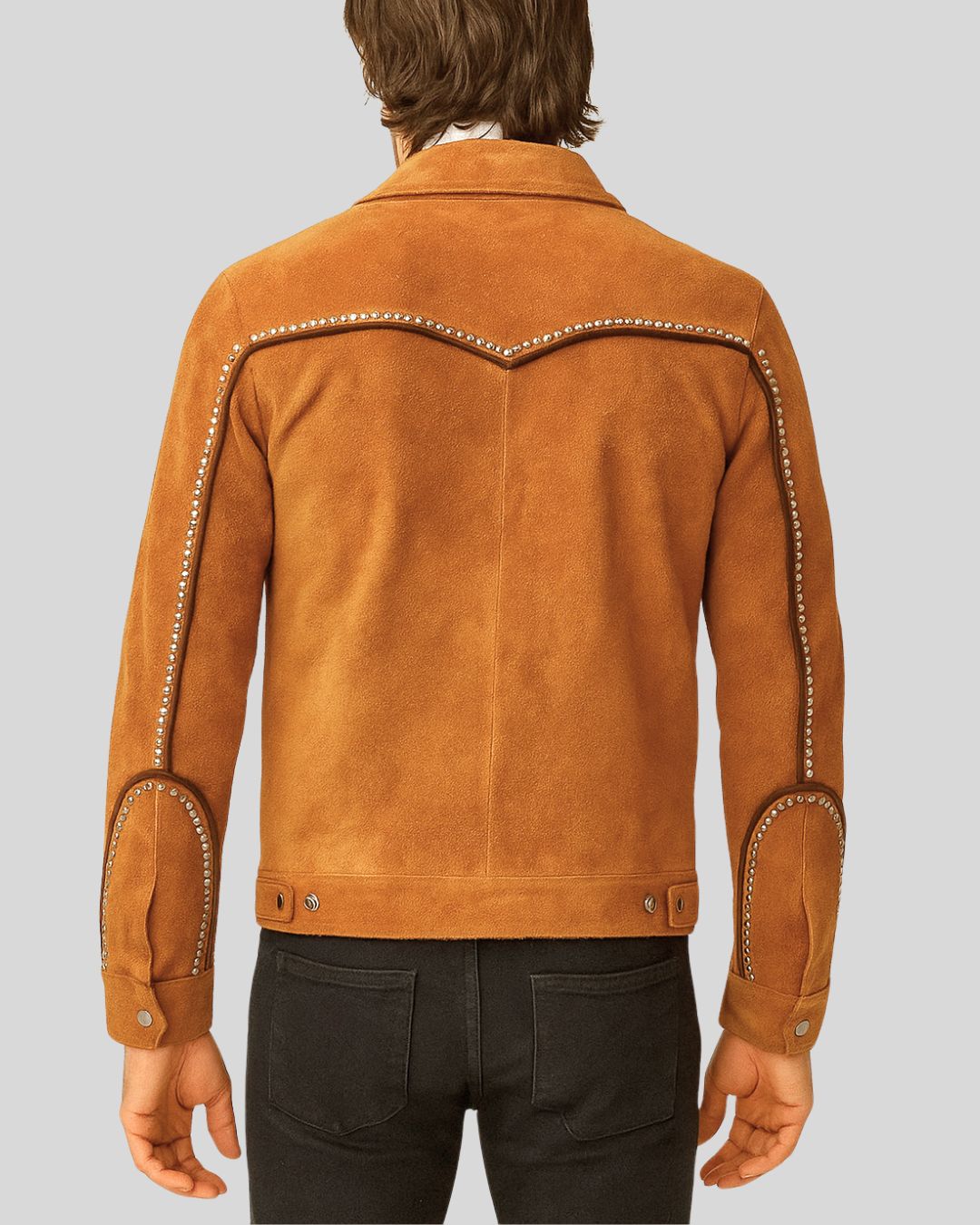 Front view of tan embellished cowboy suede jacket for men with silver studs