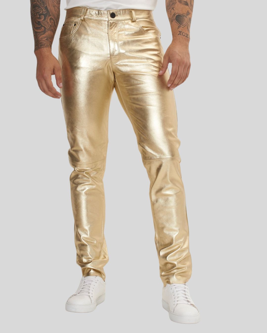 front view of Luxe gold leather pants for men