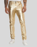 front view of Luxe gold leather pants for men