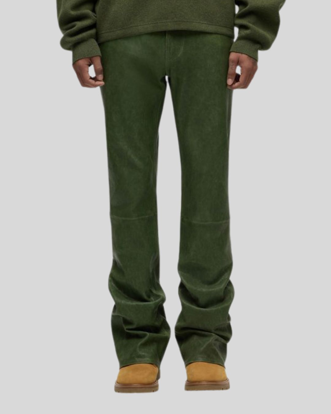 full outfit with Forest Mirage green flare pants and boots