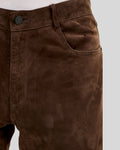 close view of men's dark brown suede pants slim fit