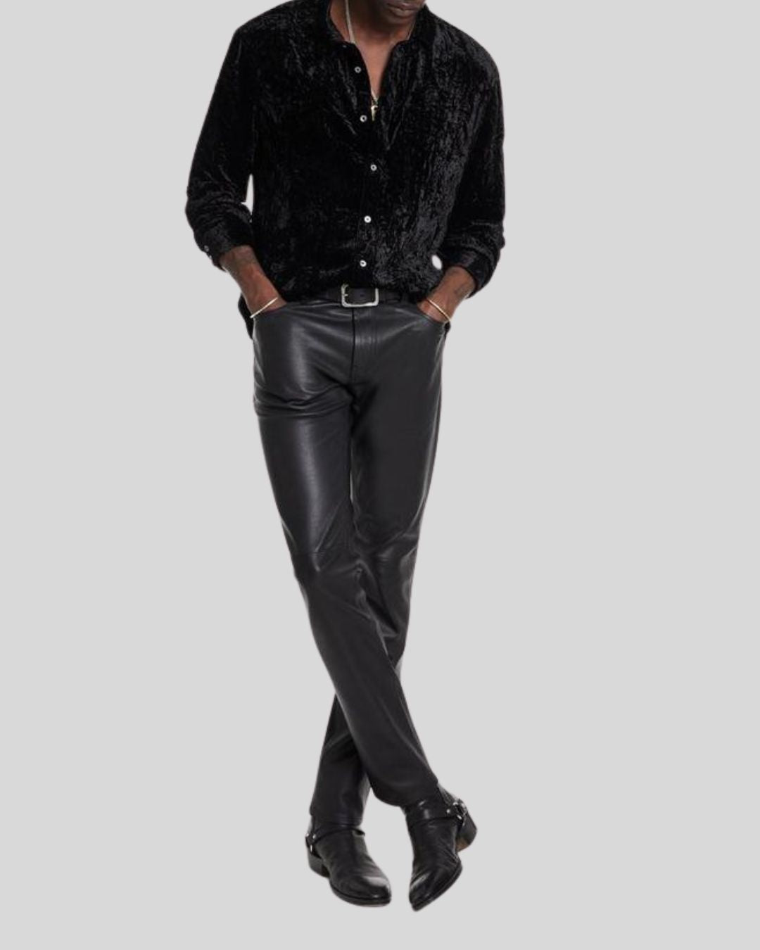 front view of Noir Jet skinny black leather pants