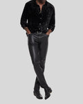  Noir Jet pants styled with velvet shirt and boots