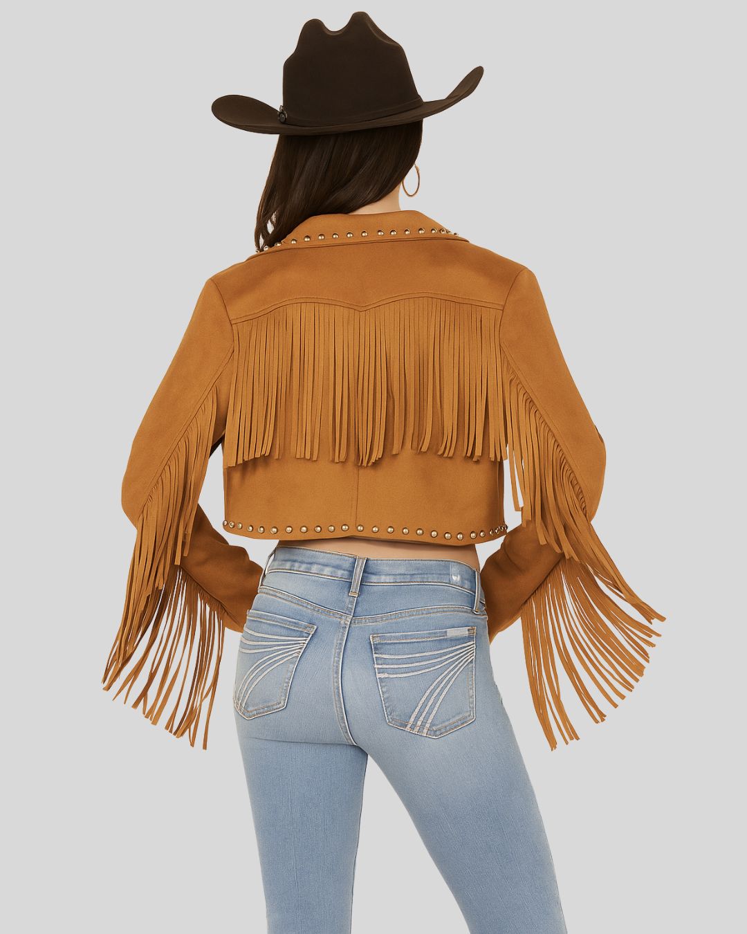 Suede Fringe Cropped Jacket – Back View with Studs
