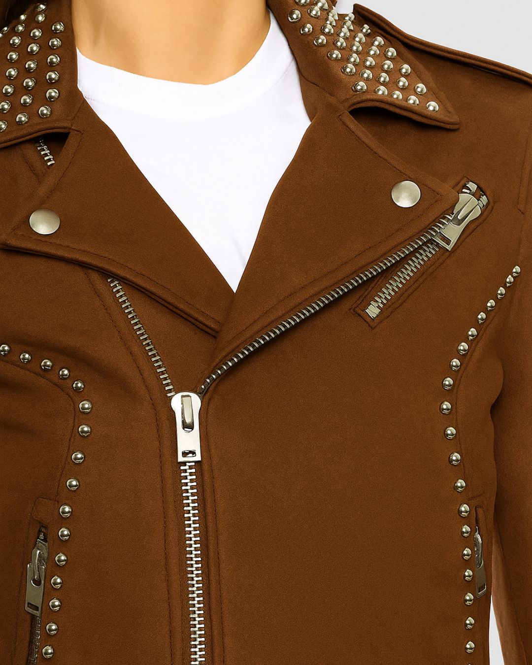Close-up of collar and zip detail with silver studs on brown suede